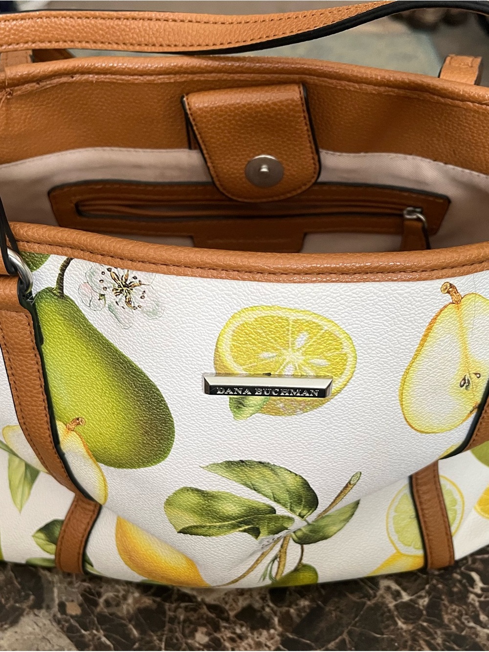 Dana Buchman White Tote with Tan Trim and Fruit Print
